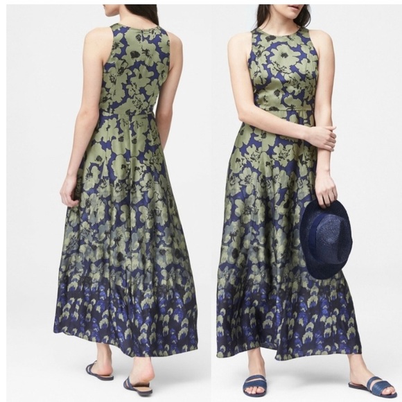 Banana Republic Fit&Flare Satin Maxi Floral Dress Size 4 Blue Green - Picture 2 of 16